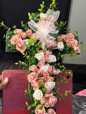 Home Accents Faux Floral Cross in Pink, White & Green